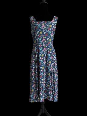 Floral Square-Neck Midi Dress in Navy
